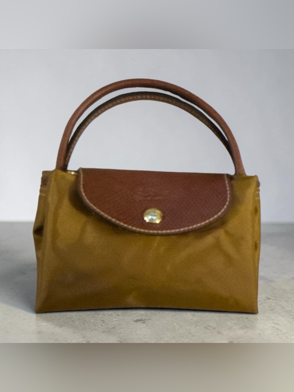 Longchamp Le Pliage Original Small Handbag in Golden Brown with Brown Trim